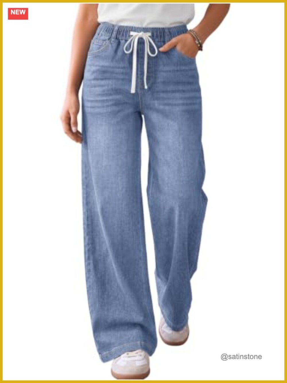 Wide Leg Stretchy Baggy Denim Jeans Drawstring Elastic Waist Casual Pants